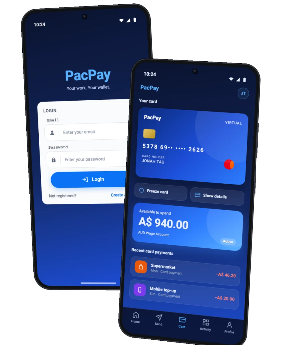 PacPay login screen and virtual card screen on two Android phones with sample data
