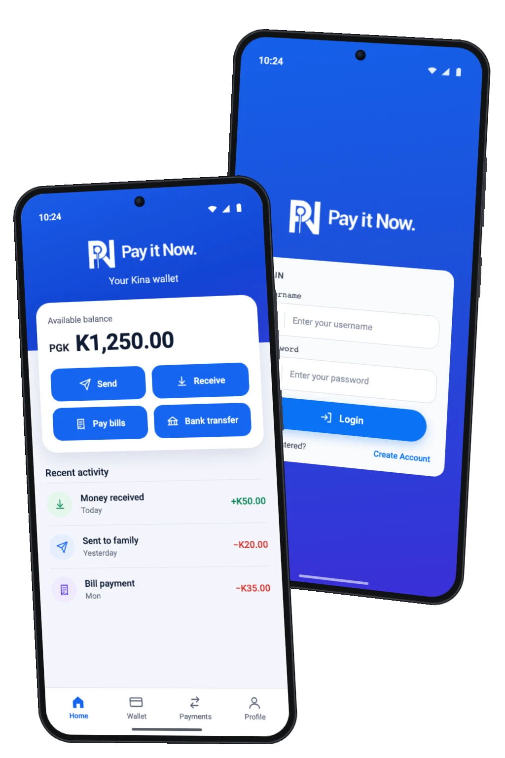 Two phones showing PIN login and a sample Kina wallet