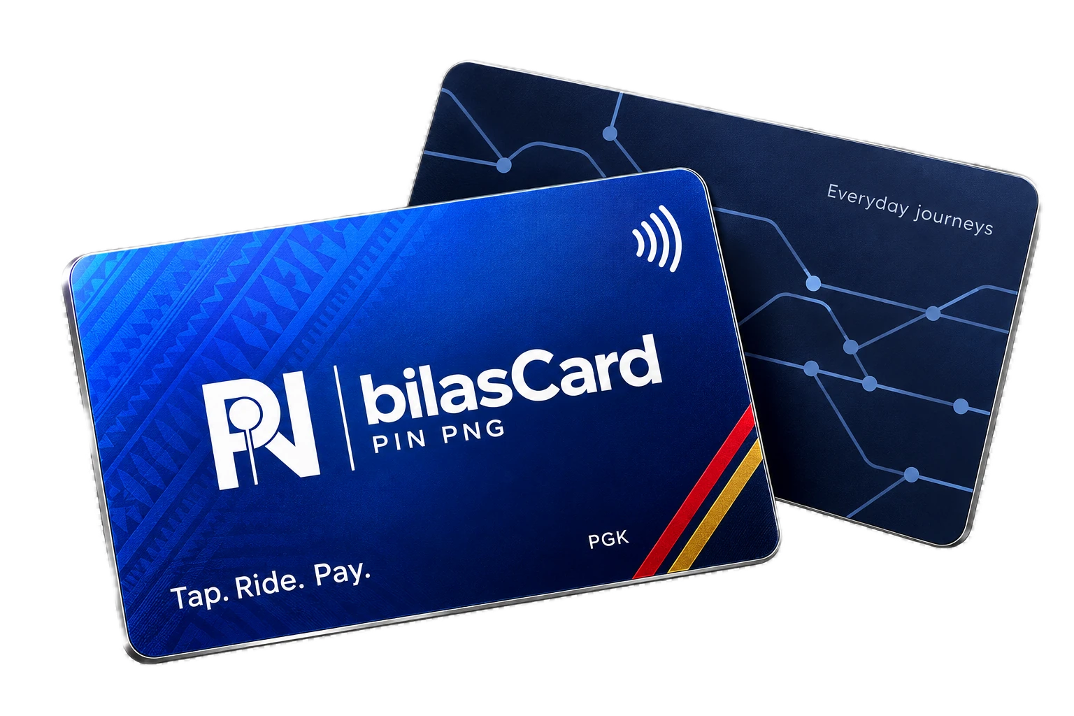 Blue and navy bilasCard concept cards with PIN PNG branding, contactless symbol and Tap. Ride. Pay. text