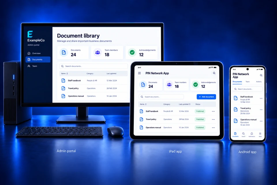 Business Document Hub admin portal on a desktop PC with ExampleCo branding beside the PIN Network App on iPad and Android