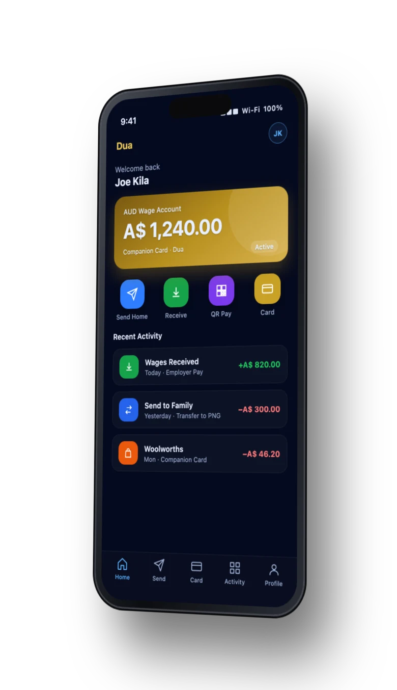 Dua App wallet home screen with an AUD wage account and companion card