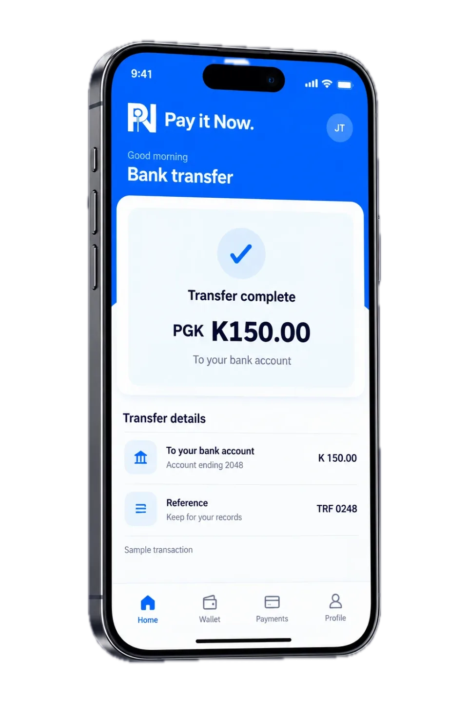 PIN app screen showing a completed sample transfer of K150.00 to a bank account
