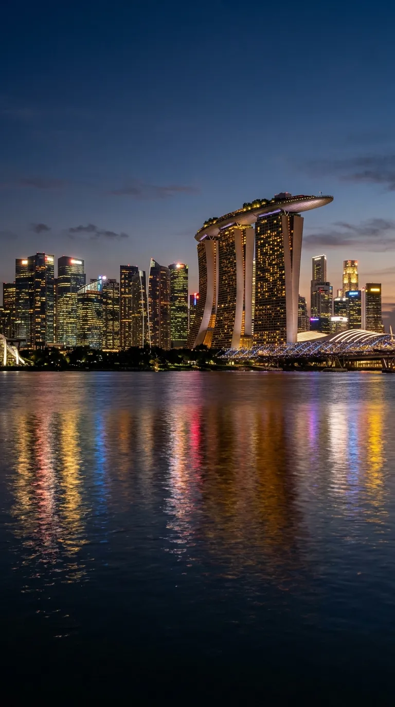 Singapore's Marina Bay skyline at dusk, host city of TOKEN2049 Singapore 2026, attended by Pay It Now PNG Limited representatives on 7–8 October 2026.