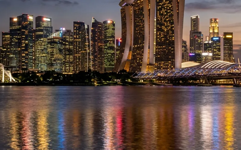Singapore's Marina Bay skyline at dusk, host city of TOKEN2049 Singapore 2026, attended by Pay It Now PNG Limited representatives on 7–8 October 2026.