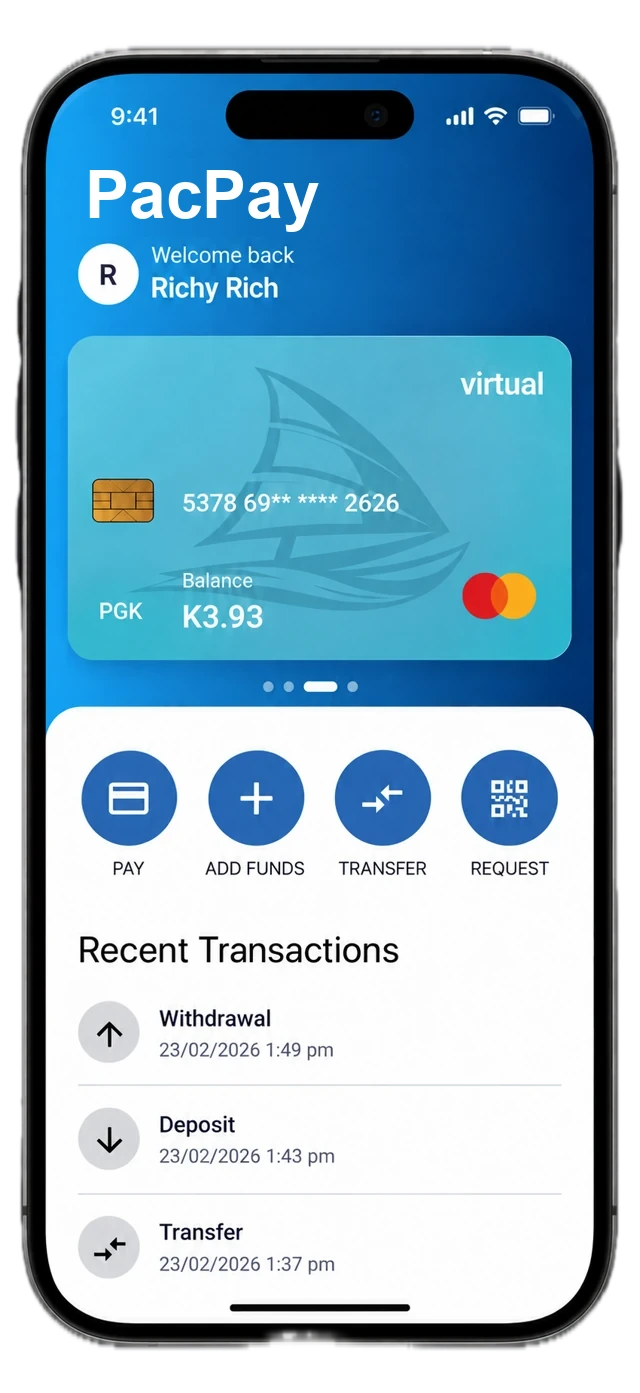 PacPay iPhone concept showing a sample PGK home-currency balance