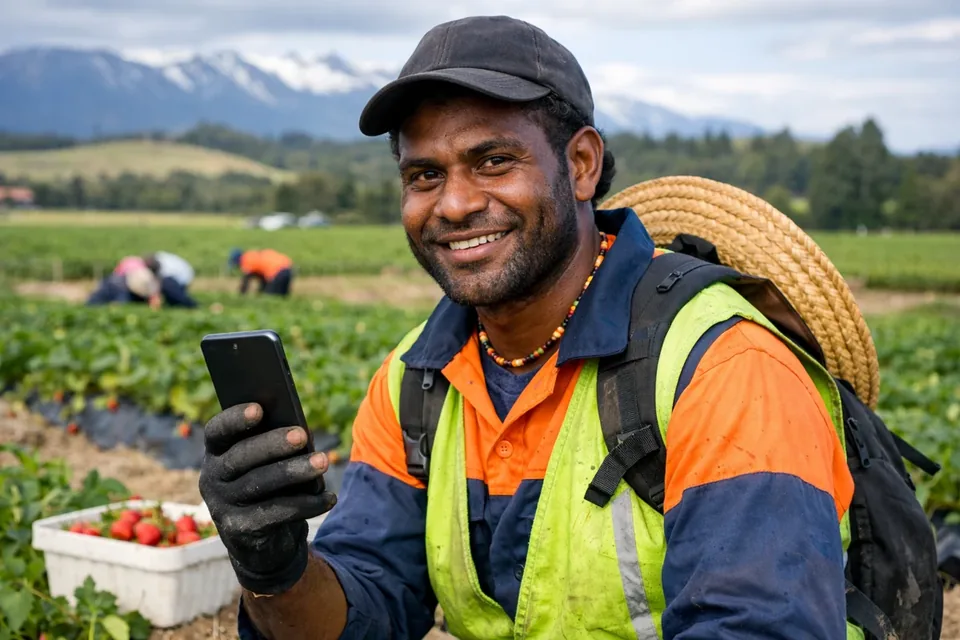 Seasonal worker harvesting fruit in an orchard