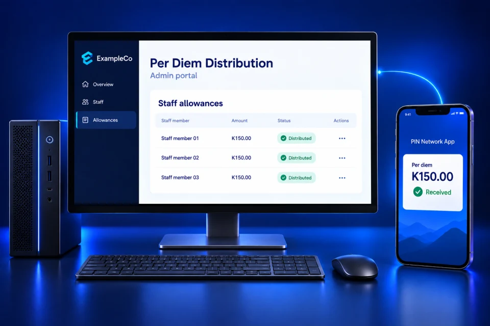 PIN Payouts admin portal on a desktop PC with ExampleCo branding connected to an allowance receipt in the PIN Network App