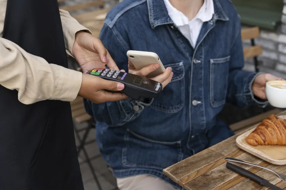Customer holding a phone beside a merchant's contactless payment terminal at a cafe