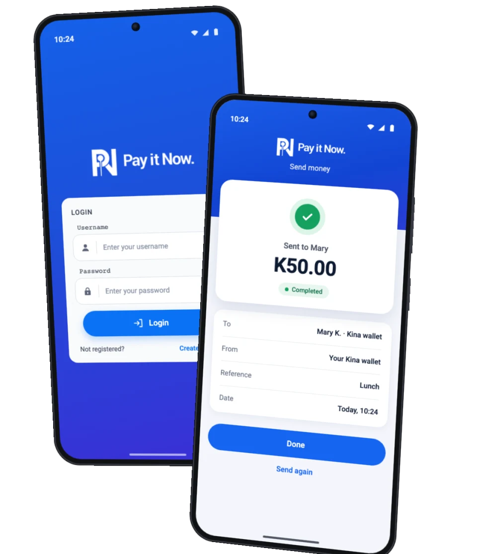 PIN login screen and send confirmation on two Android phones with sample data