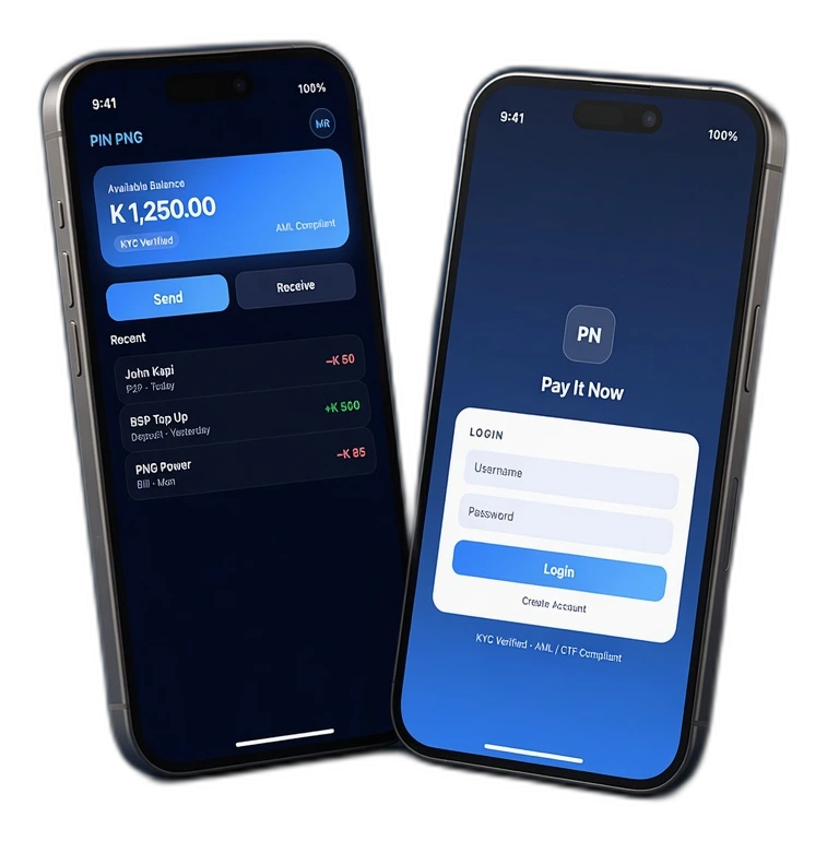 PIN Network App wallet and login screens
