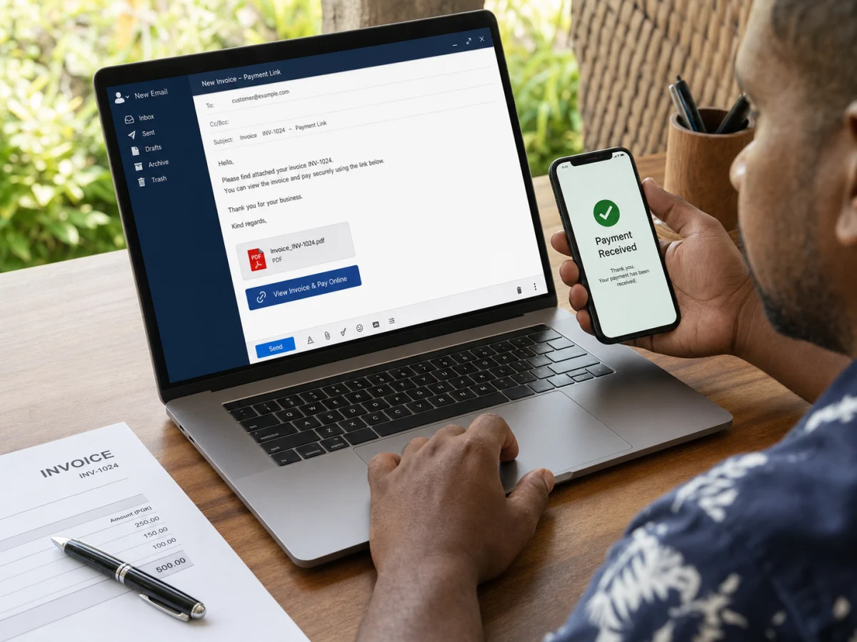 Papua New Guinean business owner sending an invoice payment link by email