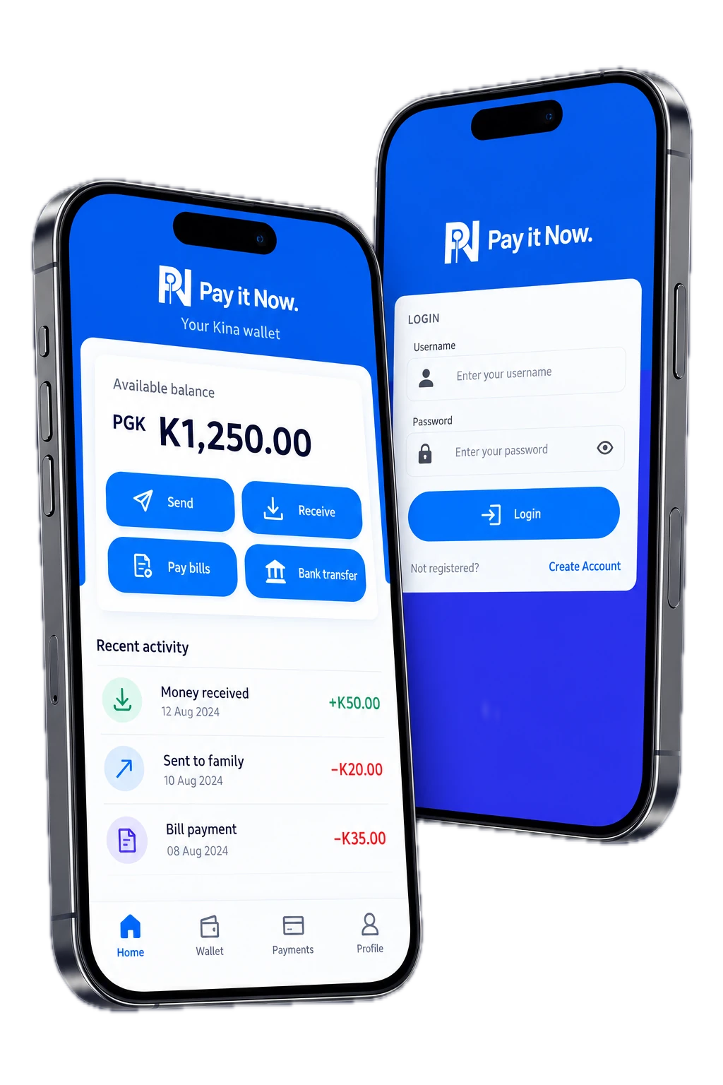 Two iPhone concepts showing PIN login and a sample Kina wallet