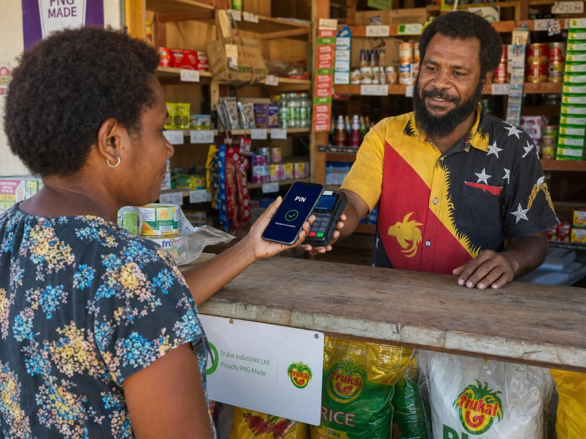 Customer presenting the PIN app to an EFTPOS terminal held by a Papua New Guinean trade-store merchant