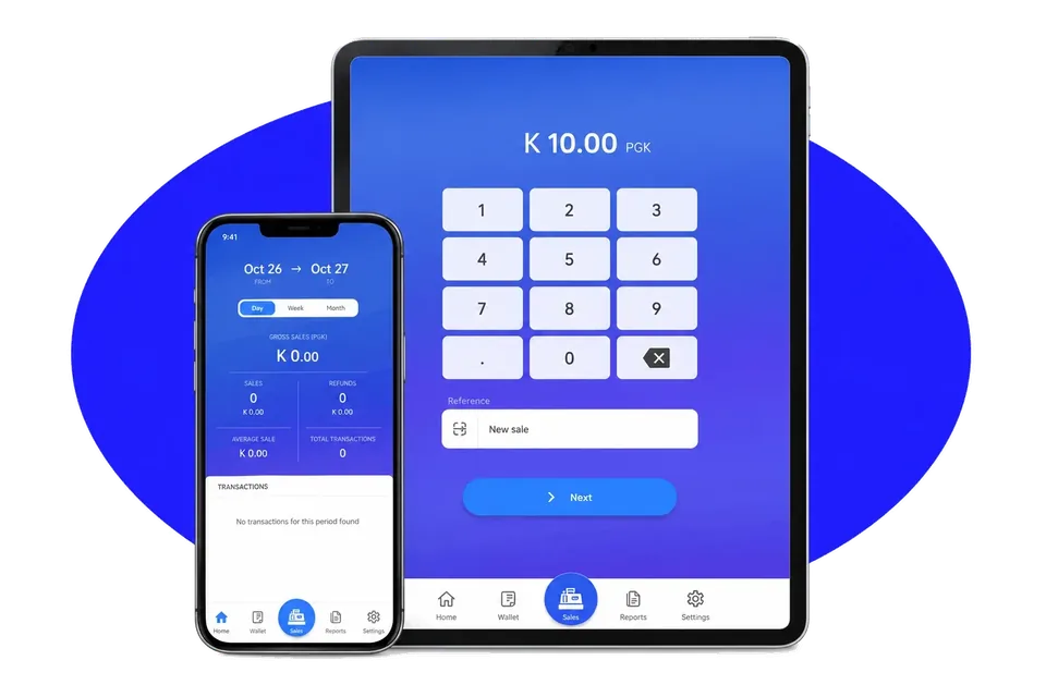 PIN merchant keypad on a tablet showing K 10.00 PGK, with sales reporting on a phone