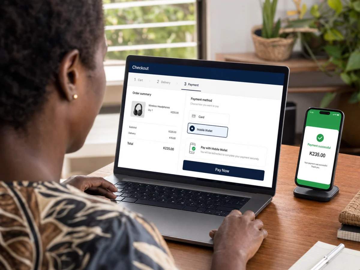 Papua New Guinean customer completing an online checkout with a mobile wallet