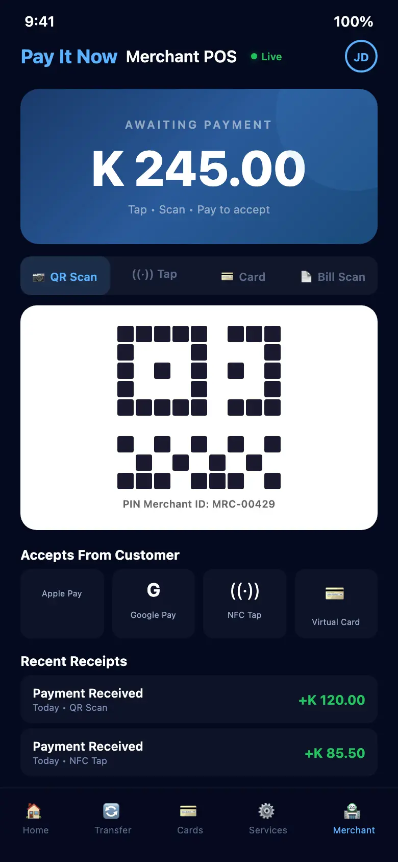 PIN Merchant POS screen