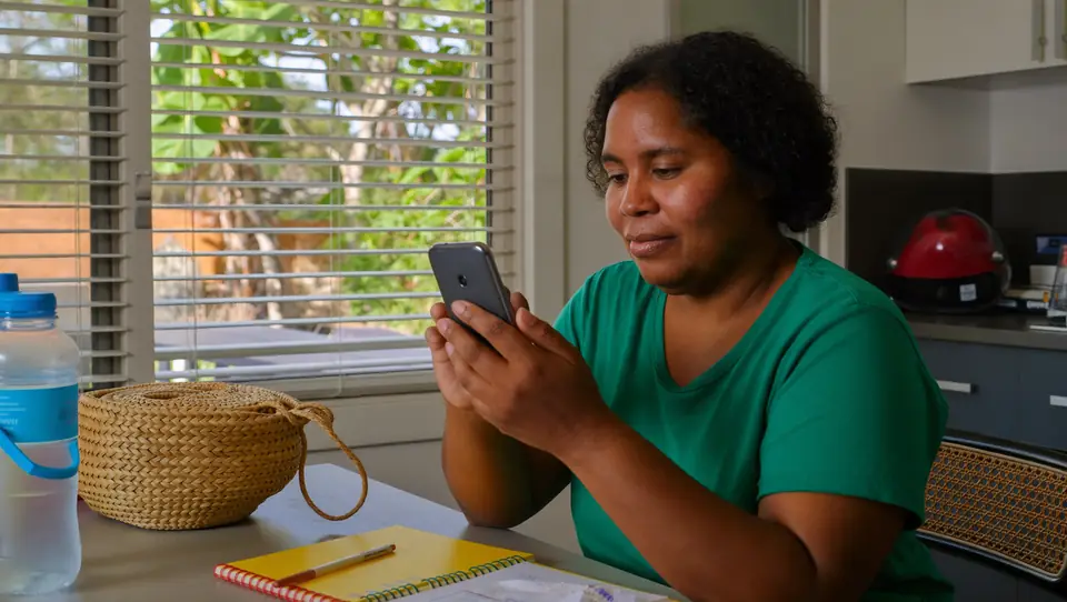 Woman at home using her phone