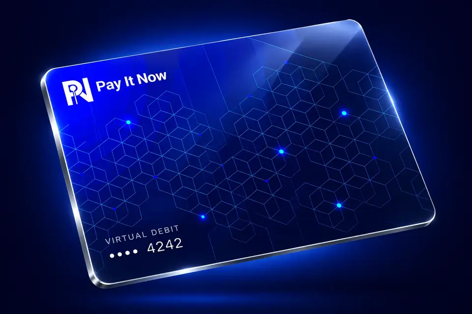 3D illustration of a glossy blue Pay It Now virtual debit card with a silver edge and masked sample number