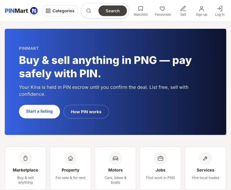 PINMart homepage showing the Marketplace, Property, Motors, Jobs and Services categories