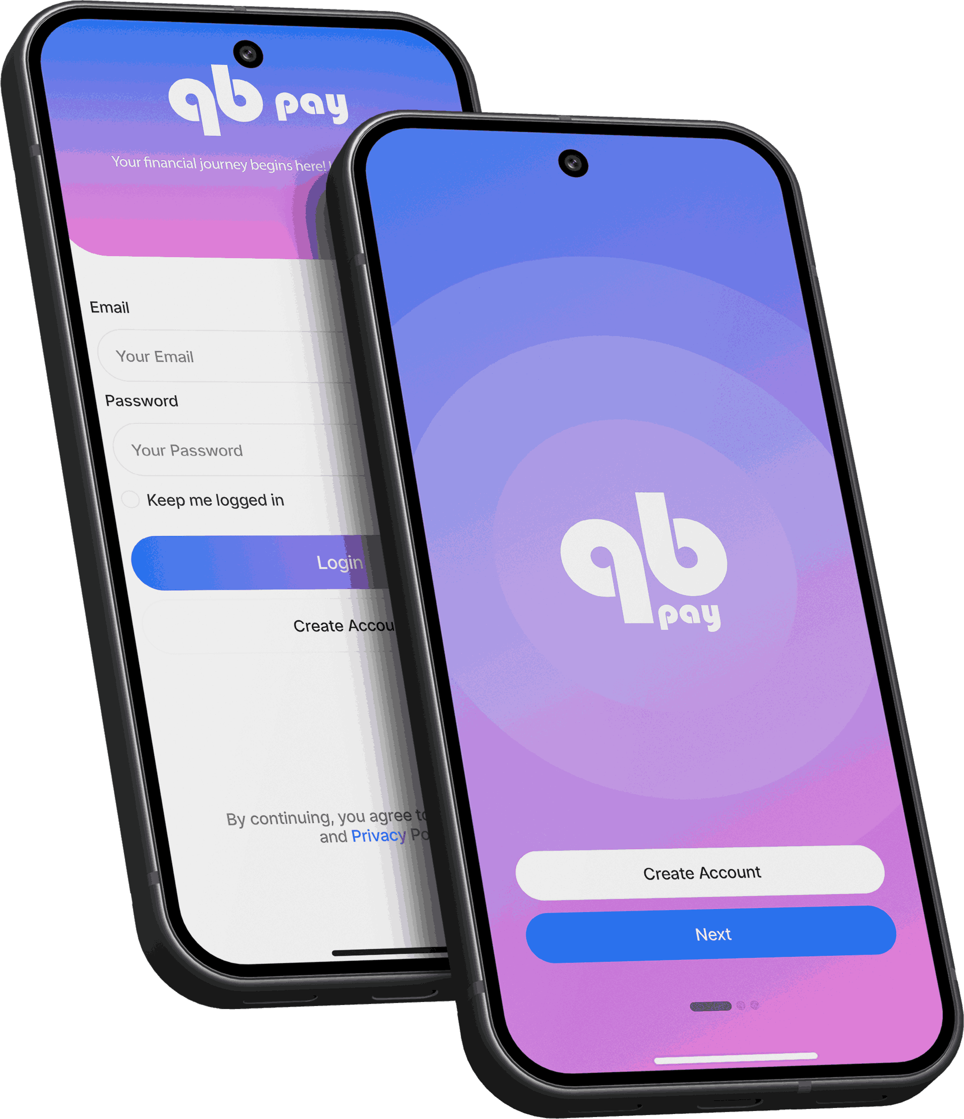 QB Pay mobile app login and account screens