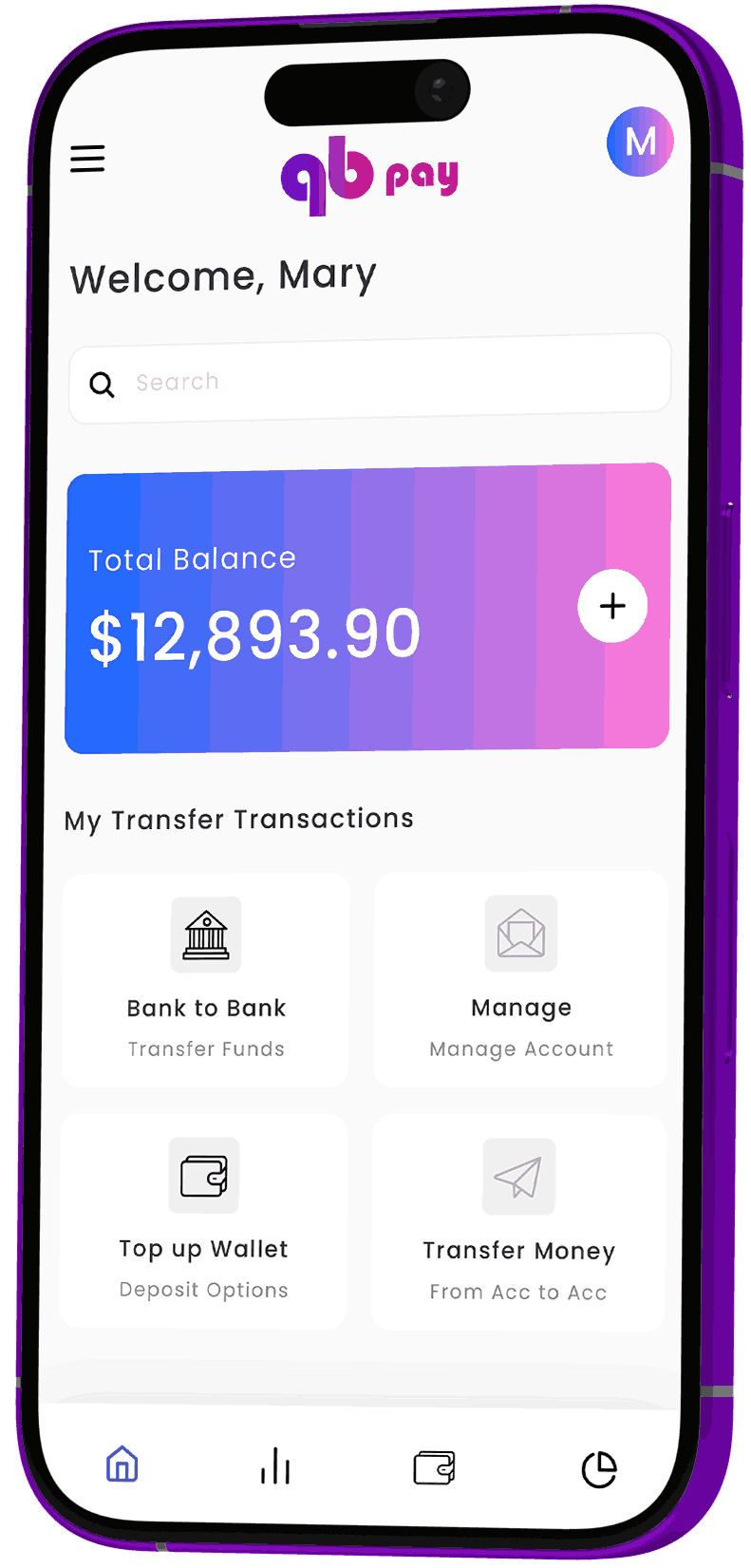 QB Pay account screen and debit card