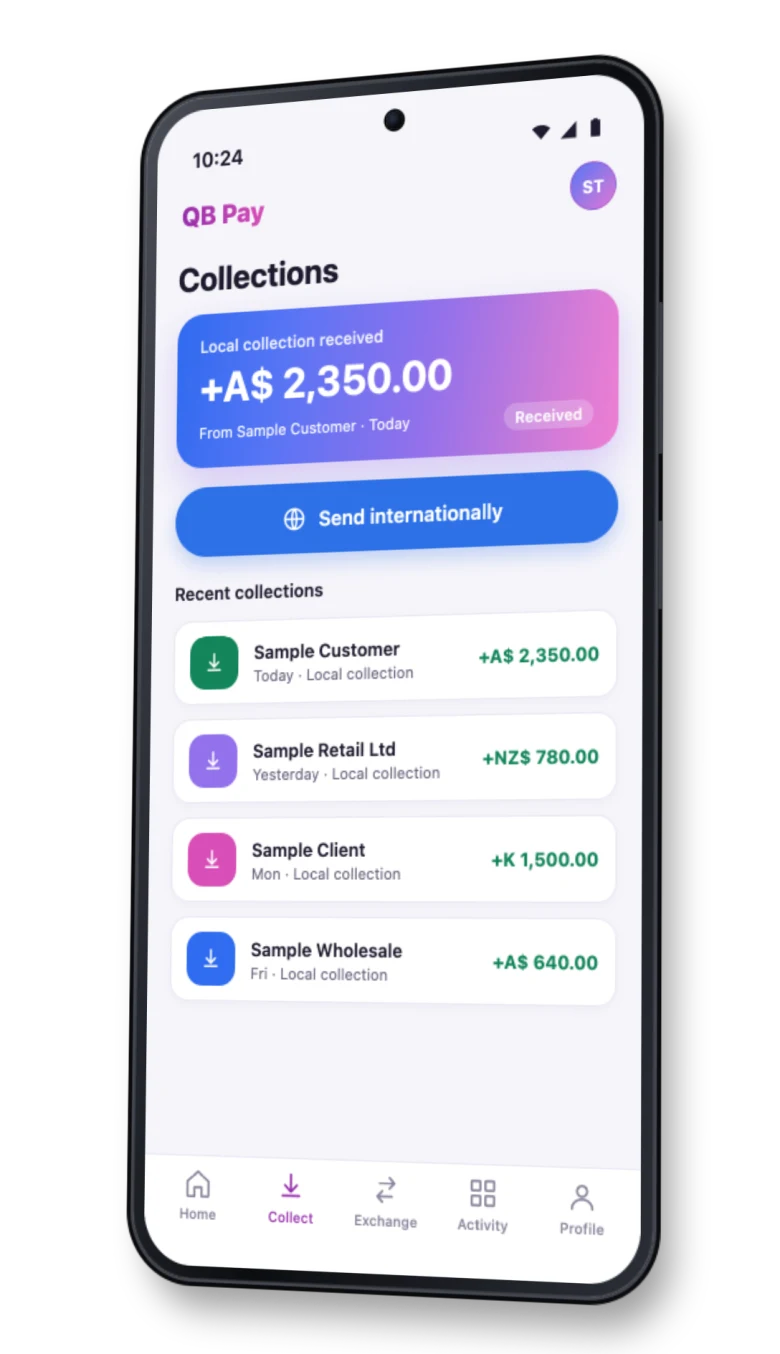 QB Pay collections screen on an Android phone with sample data