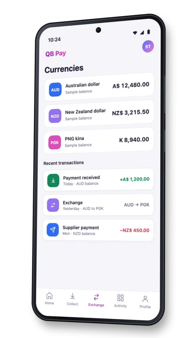 QB Pay currency balances on an Android phone with sample data