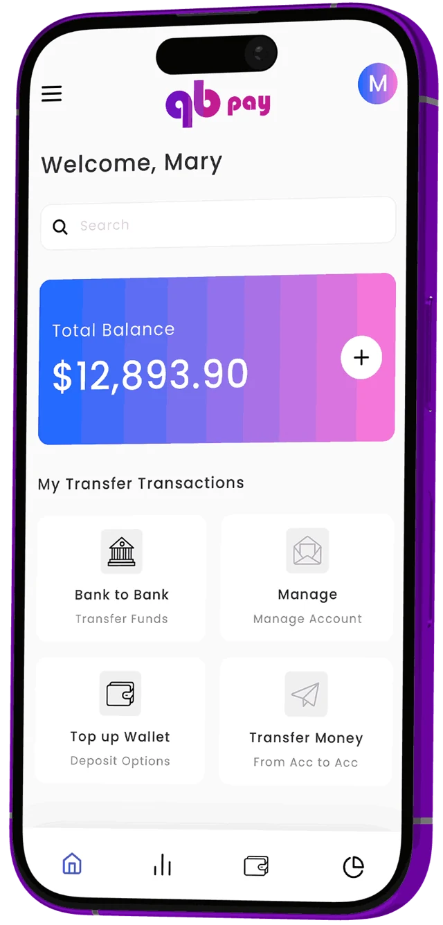 QB Pay dashboard preview showing a sample balance and transfer options