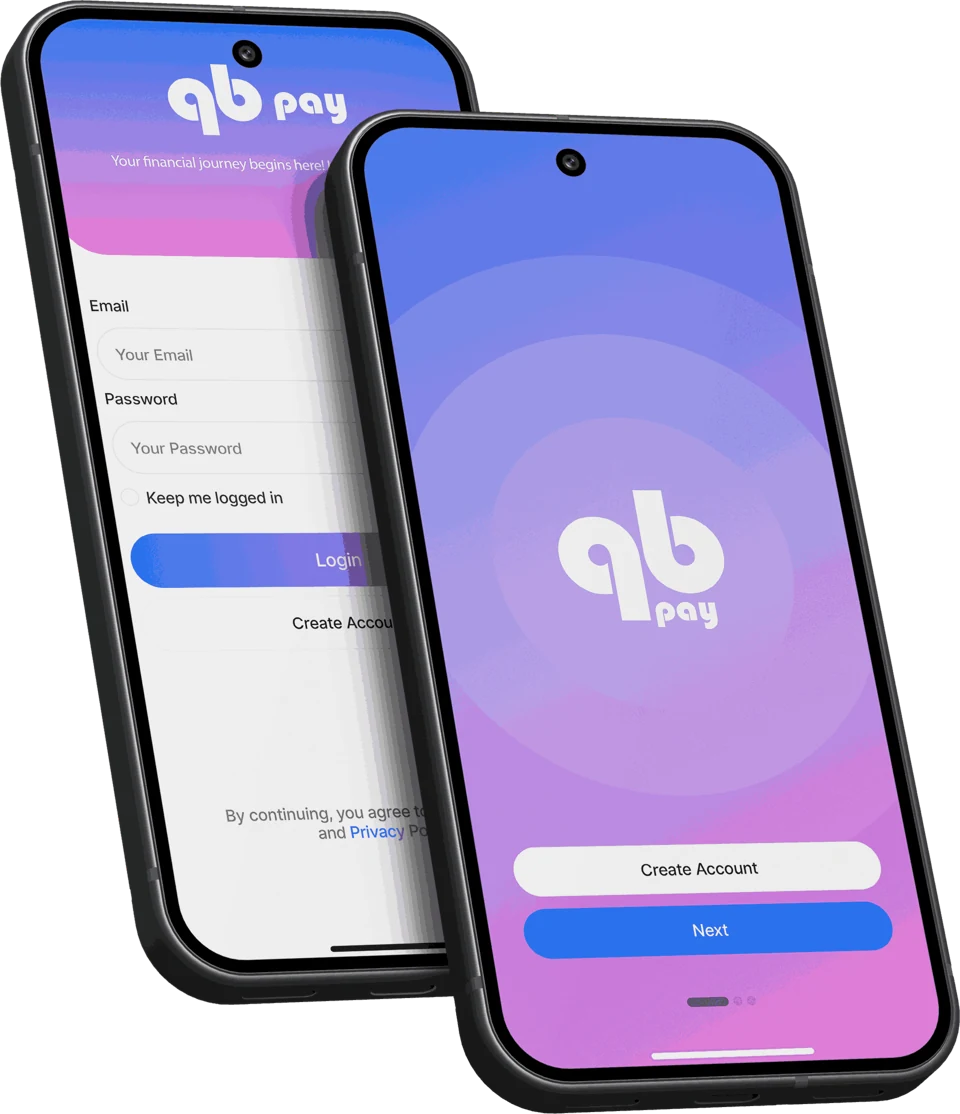 QB Pay login and account creation preview on two phones