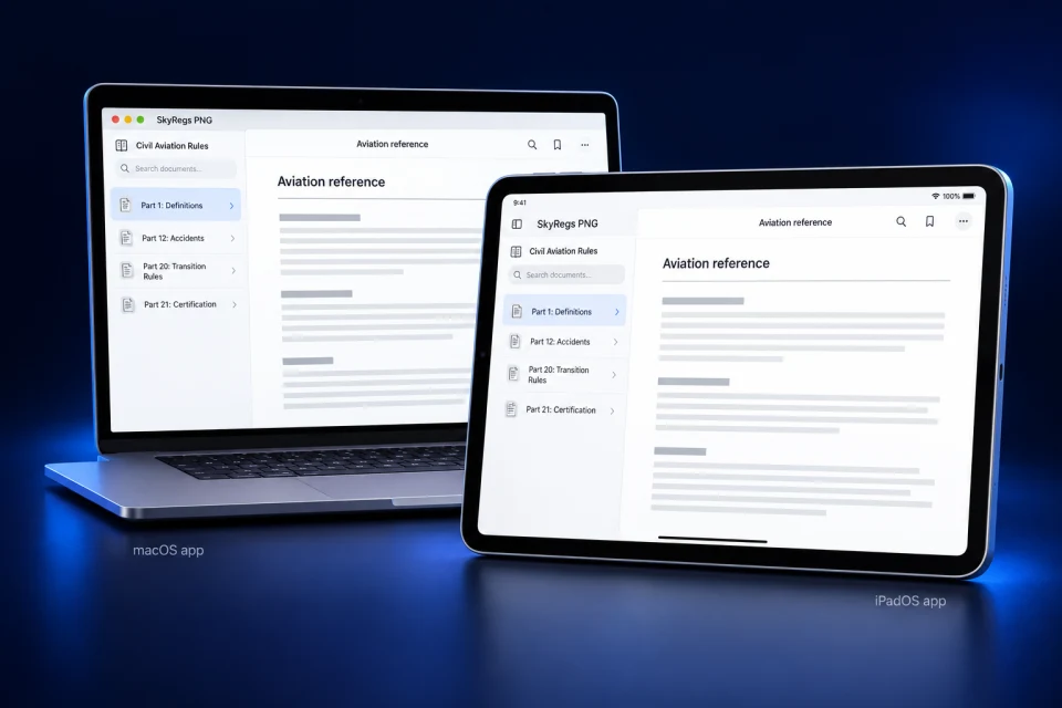 SkyRegs PNG document library and reader on a MacBook and iPad