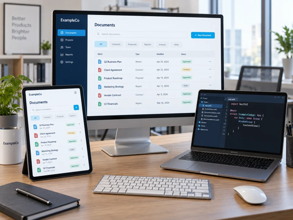 Business document dashboard on a desktop and tablet beside an app development workspace
