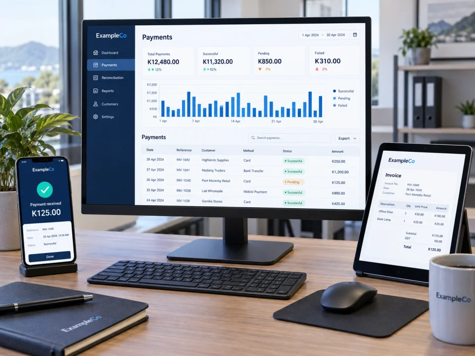 Payment reporting dashboard beside a phone receipt and tablet invoice in kina