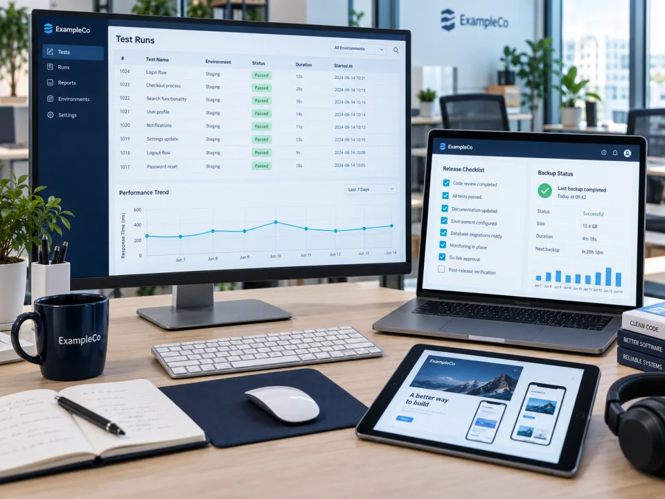 Software test results, release checklist and backup status across desktop and laptop screens