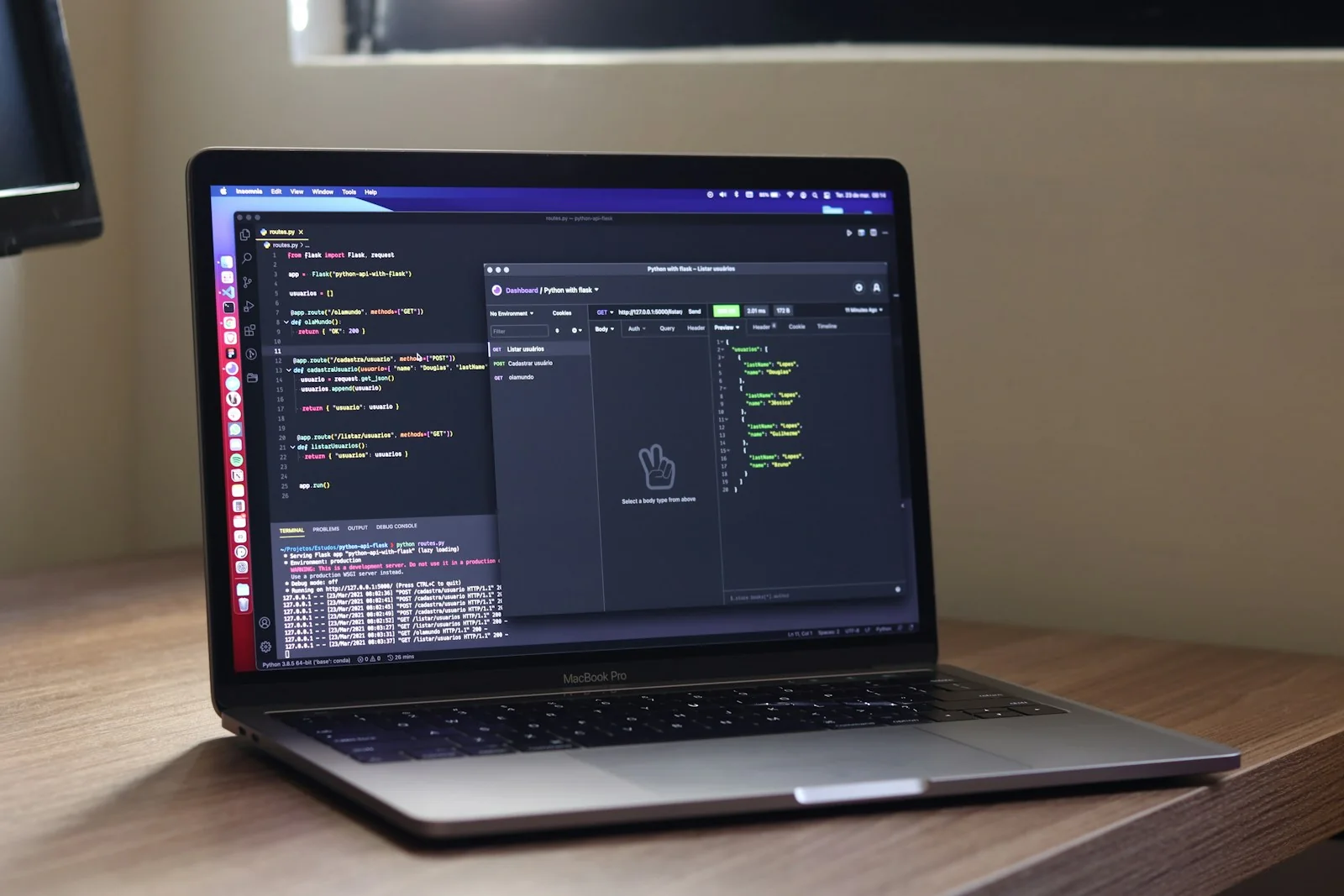 API endpoints and response data being tested on a development laptop